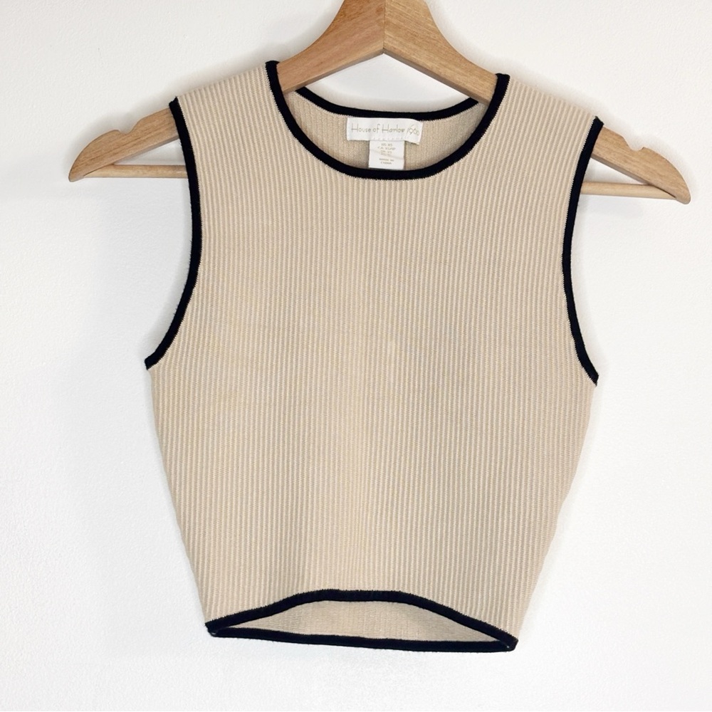 House Of Harlow 1960 Ribbed Knit Cropped Top Sleeveless Beige & Black Sz XS